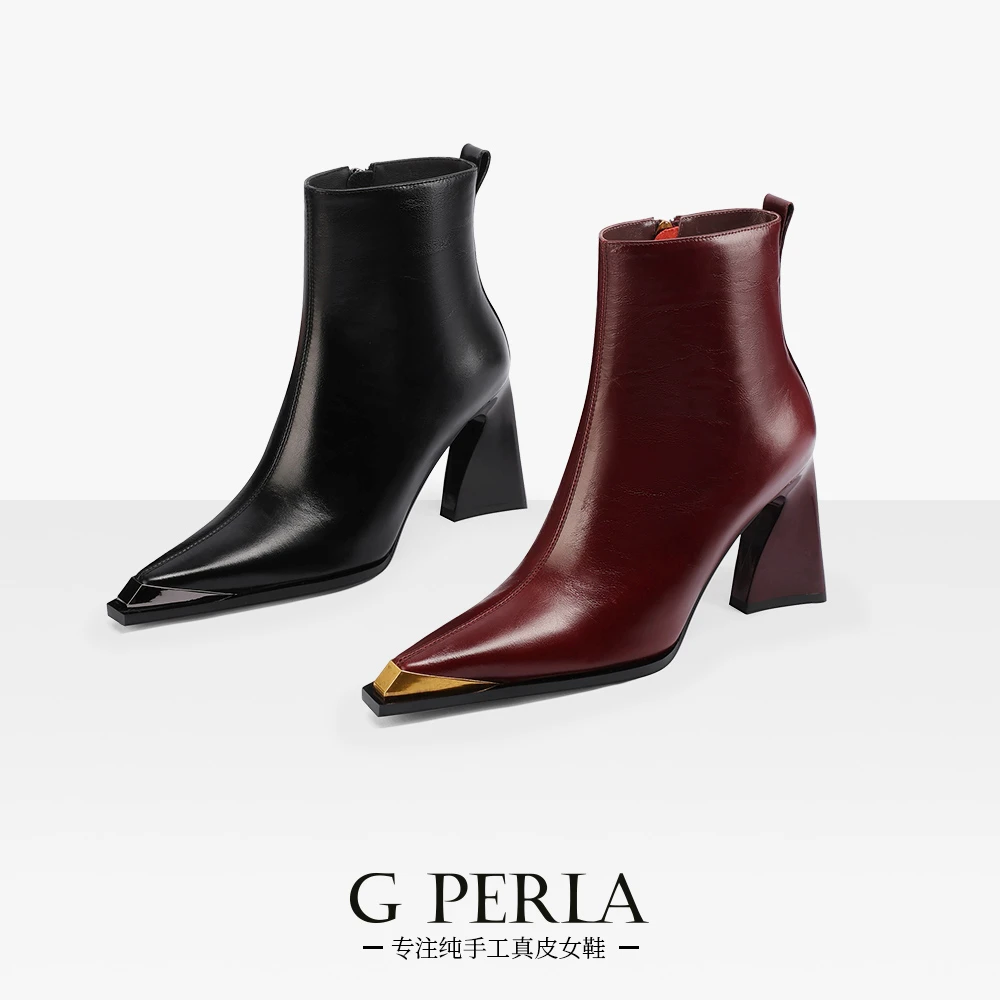 G PERLA吉佩拉【5cm/7cm】2024年秋冬新款粗跟高跟时尚真皮短靴