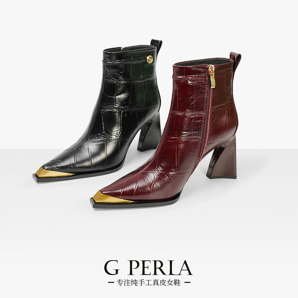 G PERLA吉佩拉【5cm/7cm】2024秋冬新款纯色尖头单靴粗跟高跟短靴