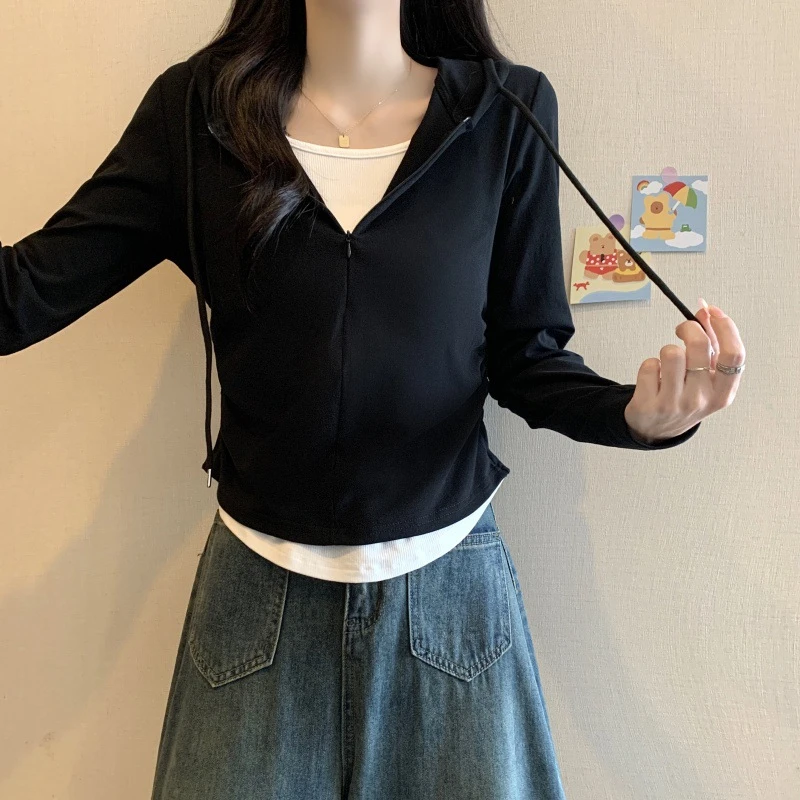 上衣休闲套头卫衣帽衫新款女叠穿早秋2024收腰显瘦假两件百搭连帽