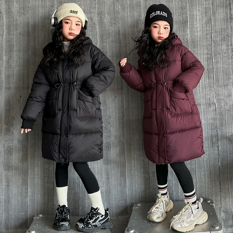 童装女童加厚棉服2024秋冬新款棉衣中大童时髦中长款收腰棉袄长款