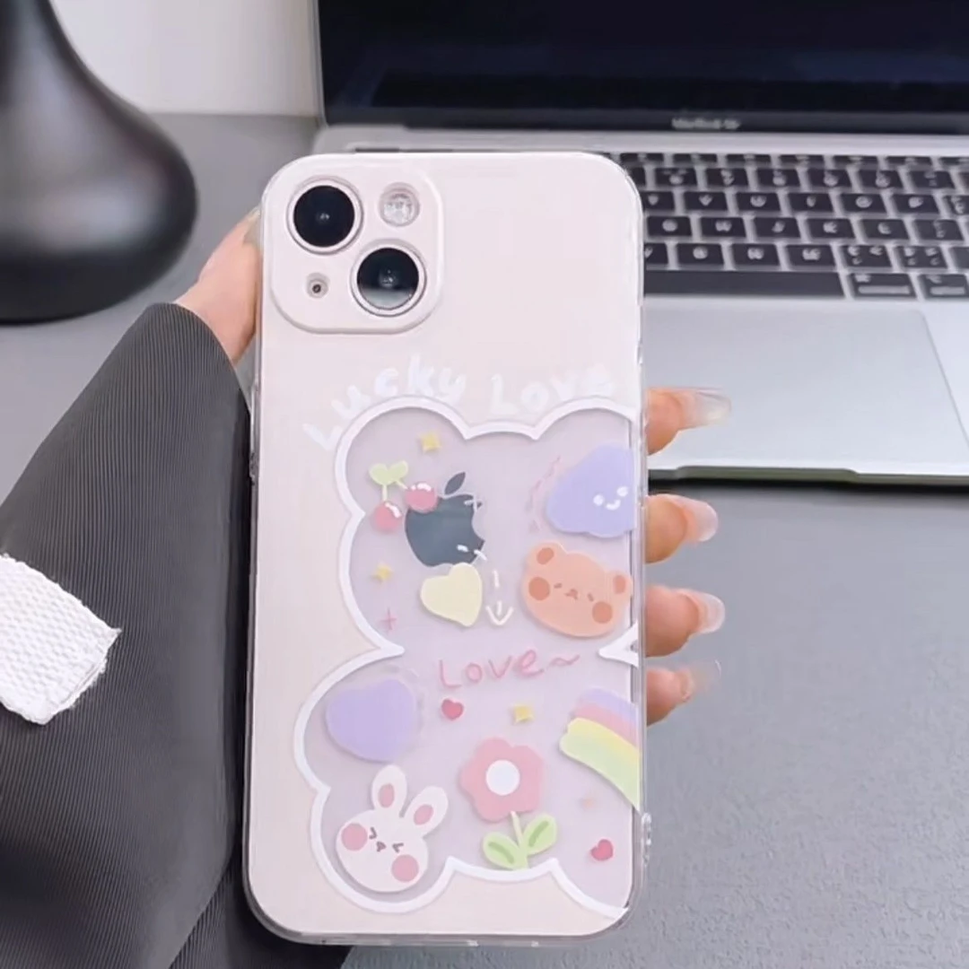 韩风小熊花朵涂鸦适用iPhone15pro苹果13全包华为小米ins风透明