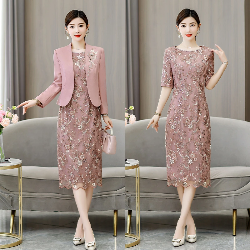 重工刺绣中年妈妈礼服2024春秋款喜婆婆婚宴装蕾丝连衣裙平时可穿
