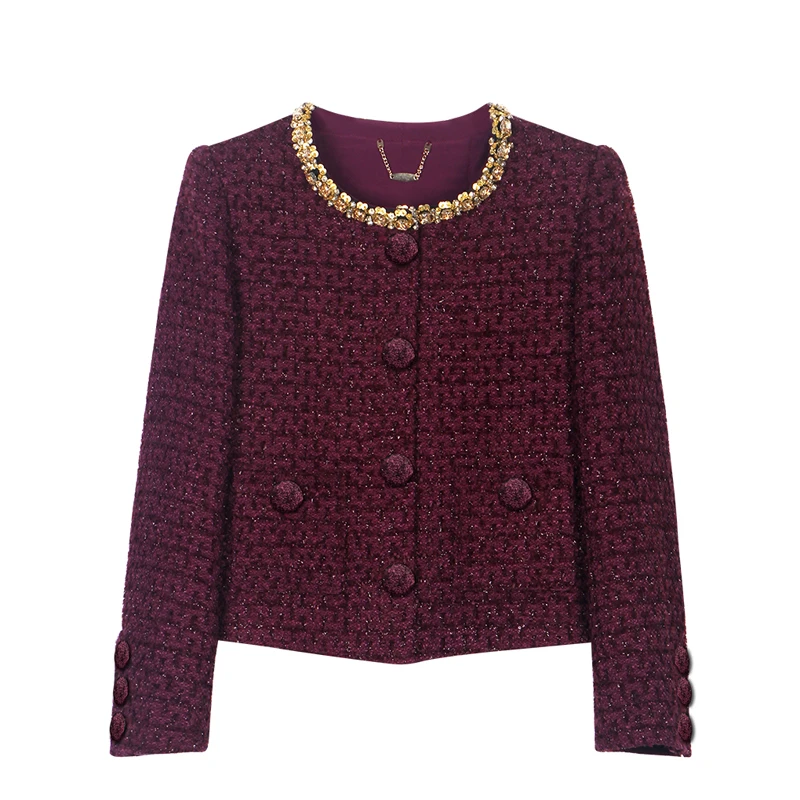 欧货圆领钉珠小香风外套气质手工钻编织外套28832