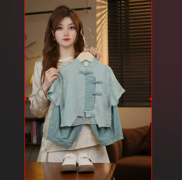 【蓝屿海湾】2025夏新款儿童时尚潮流百搭短袖套装汉服中国风35600