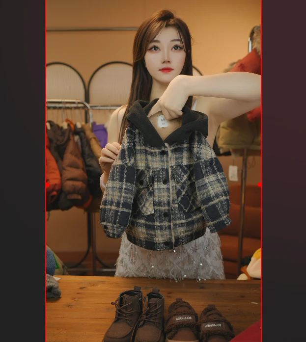 【现货】2024冬季新款韩版潮流时尚休闲加绒格子外套23278