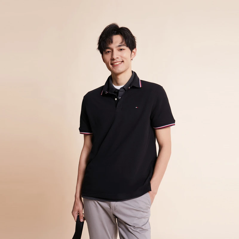 TOMMY HILFIGER男条纹短袖刺绣商务翻领POLO衫78B2300 香港直邮