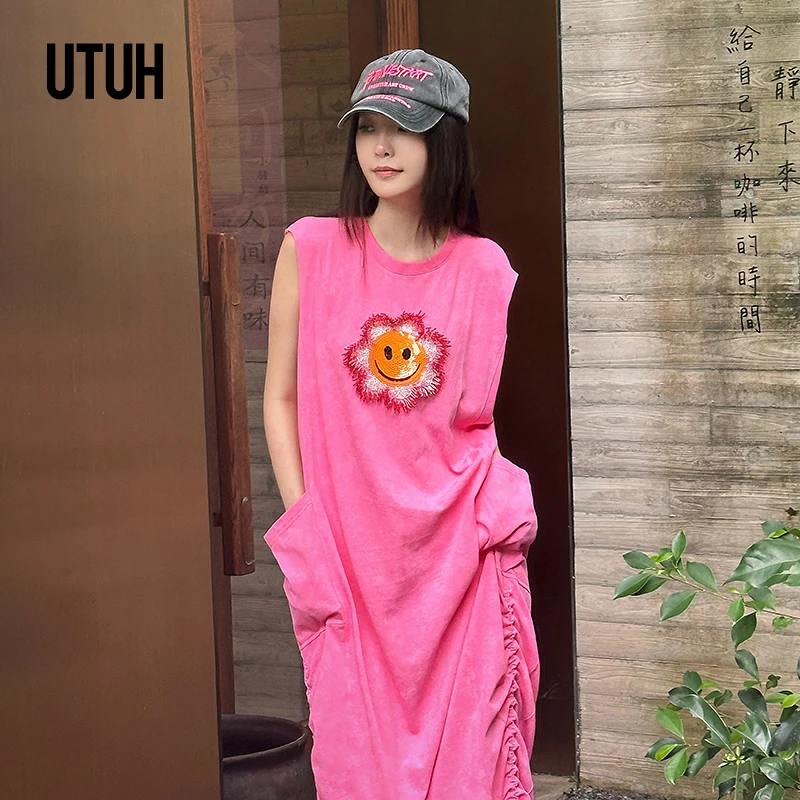UTUH 玫红色休闲长款慵懒感设计师款宽松女装连衣裙 TUWFR5L154