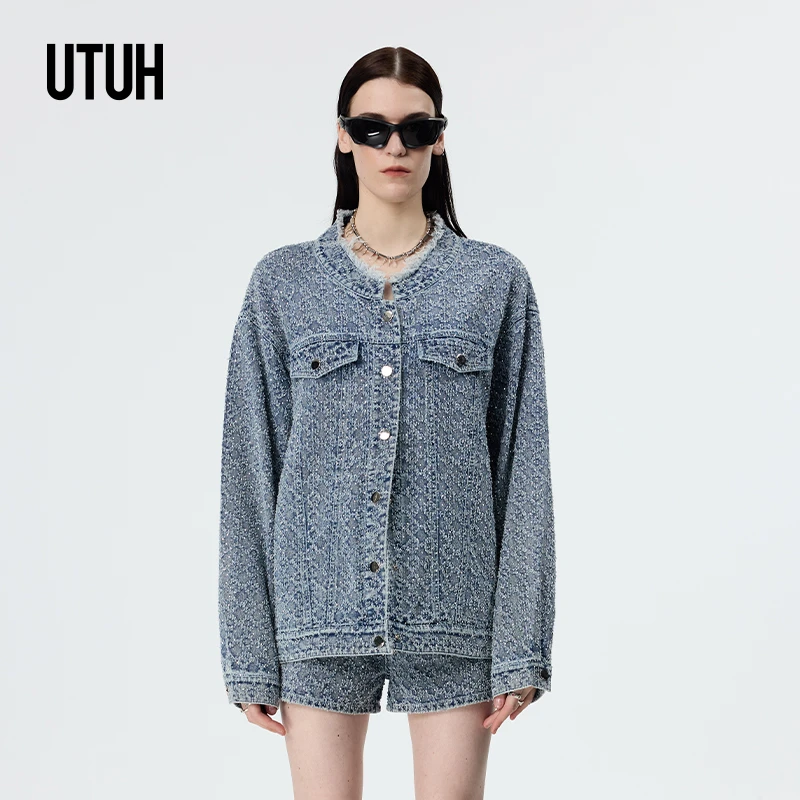 UTUH 蓝色时尚休闲牛水洗仔外套长袖潮流重工品质女装 TUWFS2W030