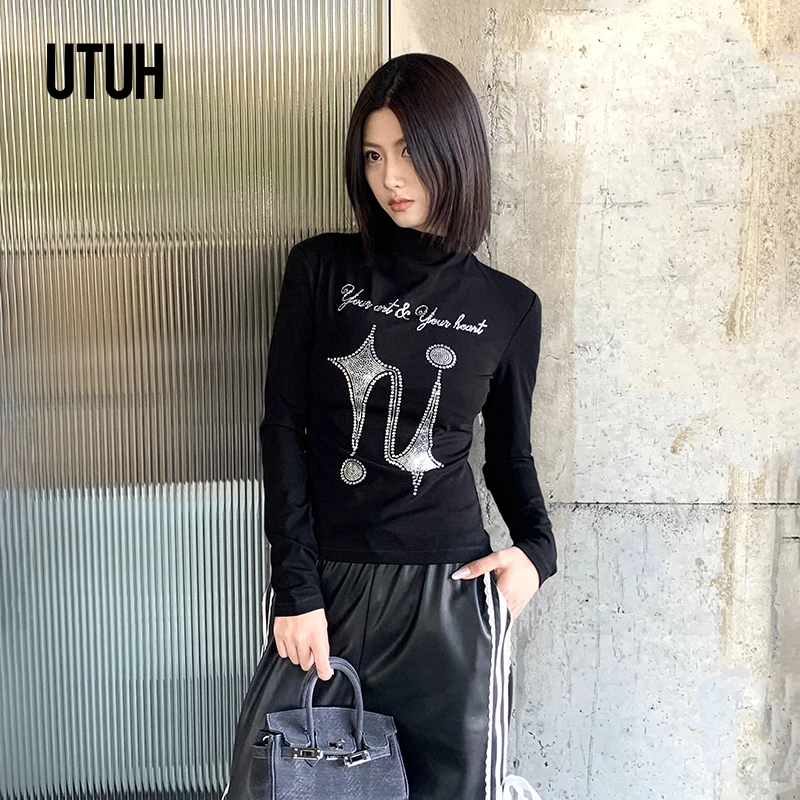 UTUH 经典黑色烫钻璀璨磨毛保暖休闲百搭显瘦长袖上衣 TDWFW2N299