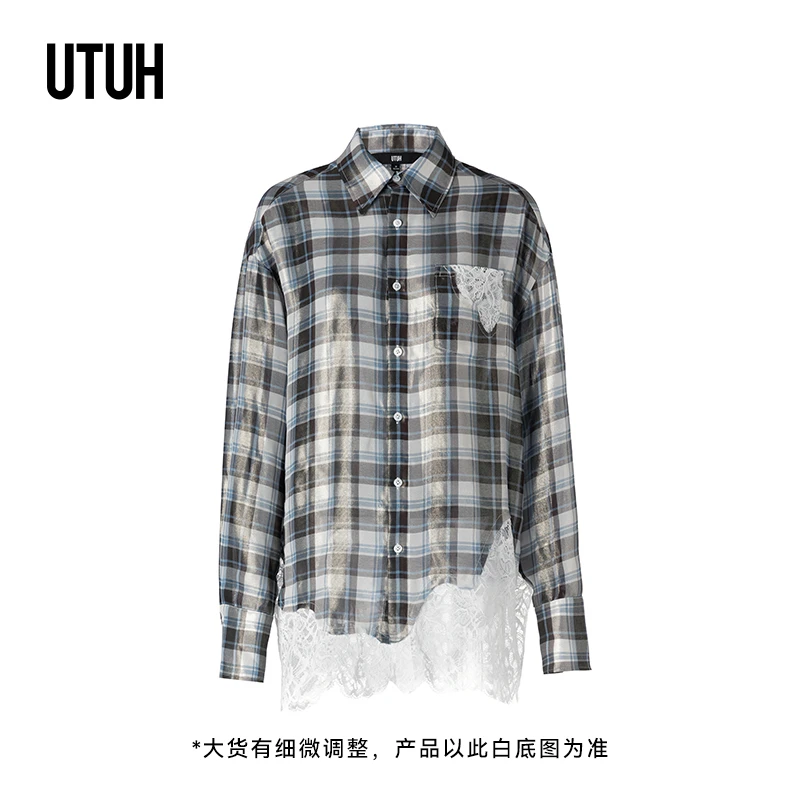 UTUH 蓝咖格子衬衫女长袖衬衣 TDWFR4C133