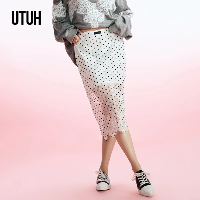 UTUH 白色波点蕾丝波浪线条设计感优雅灵动感半裙百搭 TDWFA2Q233