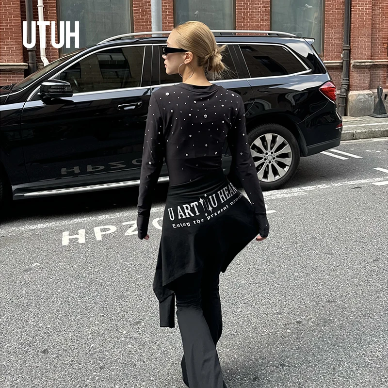 UTUH 黑色磨毛紧身撞色交叉腰头高弹喇叭长裤 配：外搭 TDWFW1K271