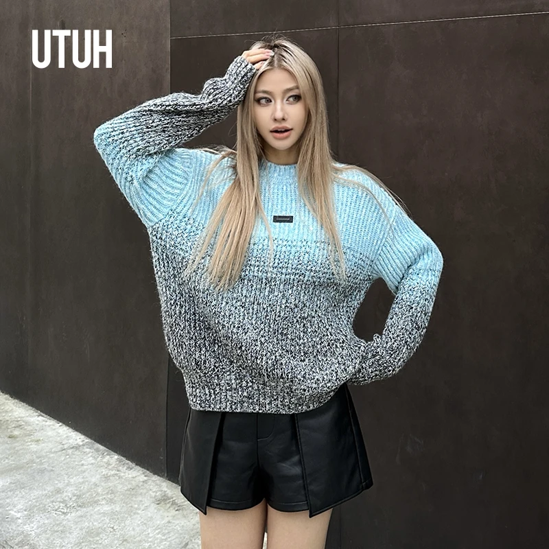 UTUH 蓝色渐变氛围感花纱毛衣2024冬季新款 TDWFW3Z344