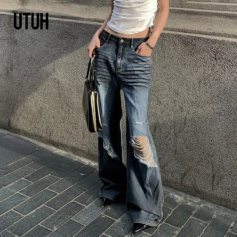 UTUH 复古直筒阔腿牛仔裤女破洞宽松休闲高街长裤 TUWFR3K107