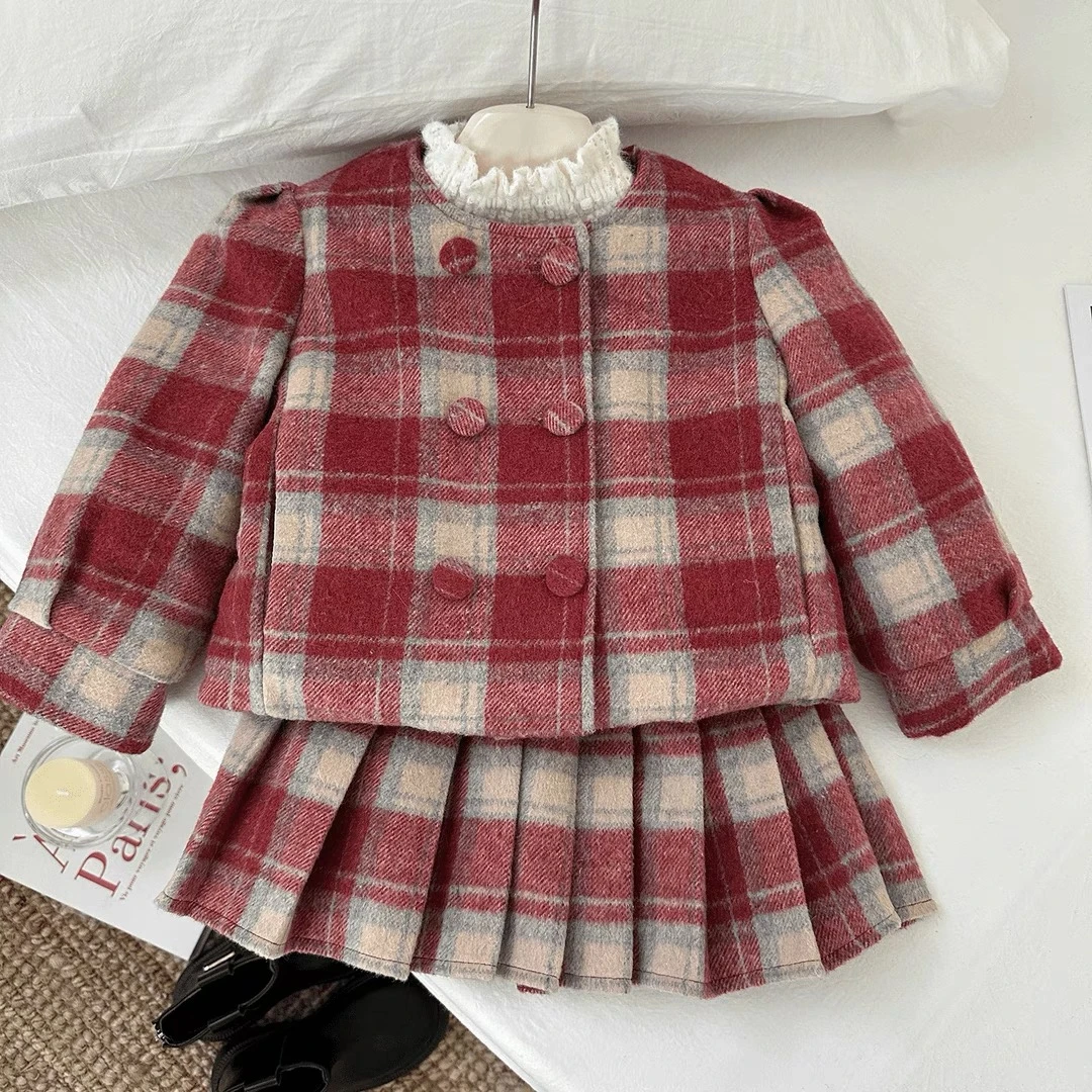 女童宝宝双排扣英格兰红格圣诞新年套装裙子