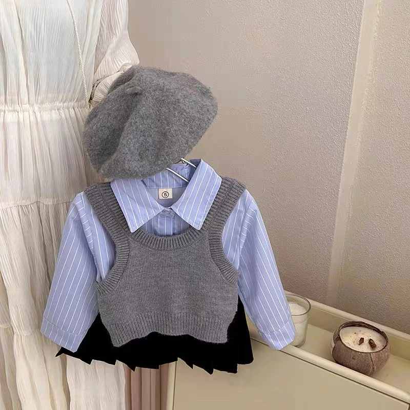 韩版2024秋季套装马甲背心女宝宝蓝色条纹衬衫百褶裙学院风三件套