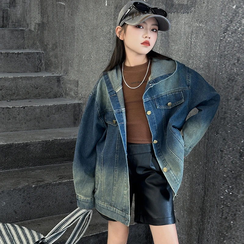 潮酷女孩春秋外衣2024新款6-12岁中大童时尚休闲渐变连帽牛仔外套