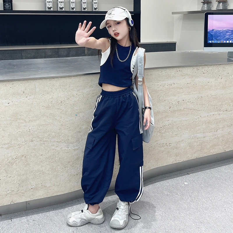 女童夏季2024夏季新款6-12岁中大童时尚休闲工装裤假两件背心套装