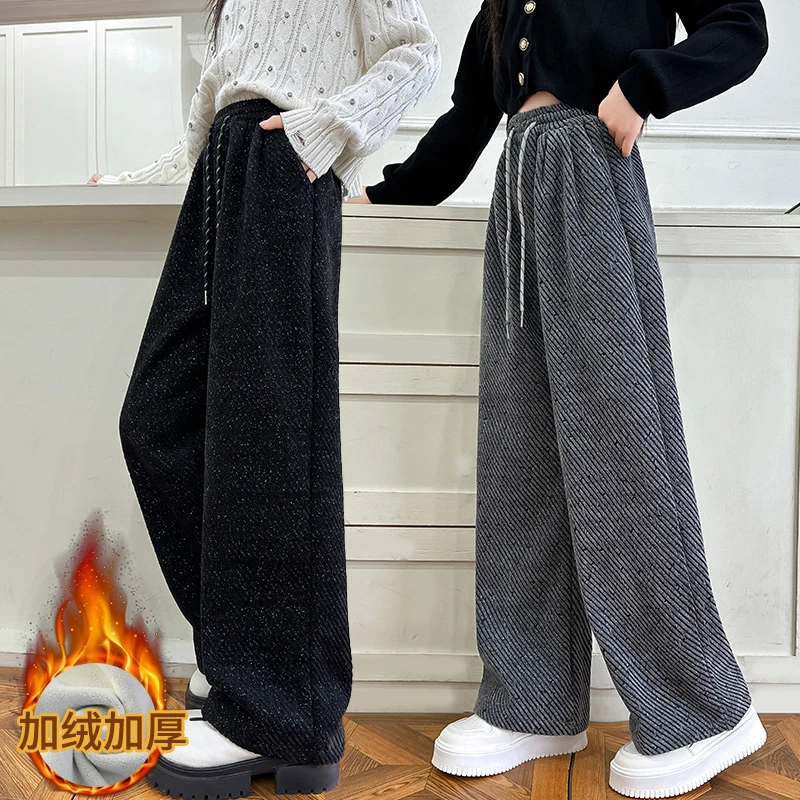 女童雪尼尔加绒阔腿裤2024秋冬新款6-12岁中大童洋气加厚保暖裤子