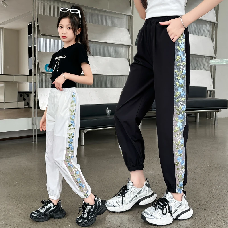 女童夏季防蚊裤2024新款6-12岁中大童洋气女孩薄款绣花拼条束脚裤