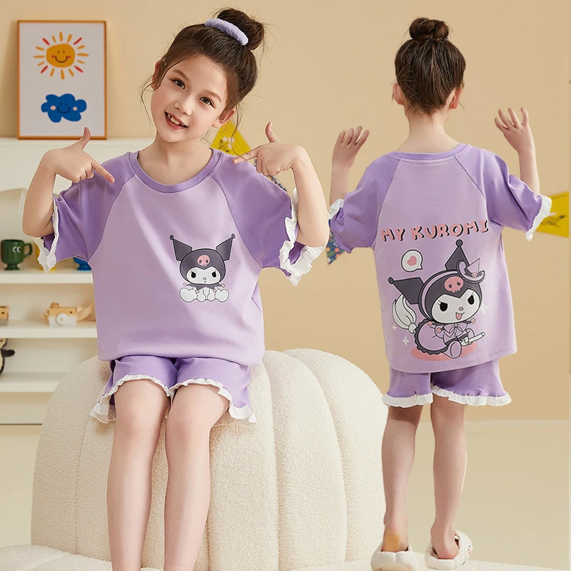 儿童纯棉睡衣女童短袖短裤夏季薄中大童库洛米全棉宝宝家居服套装