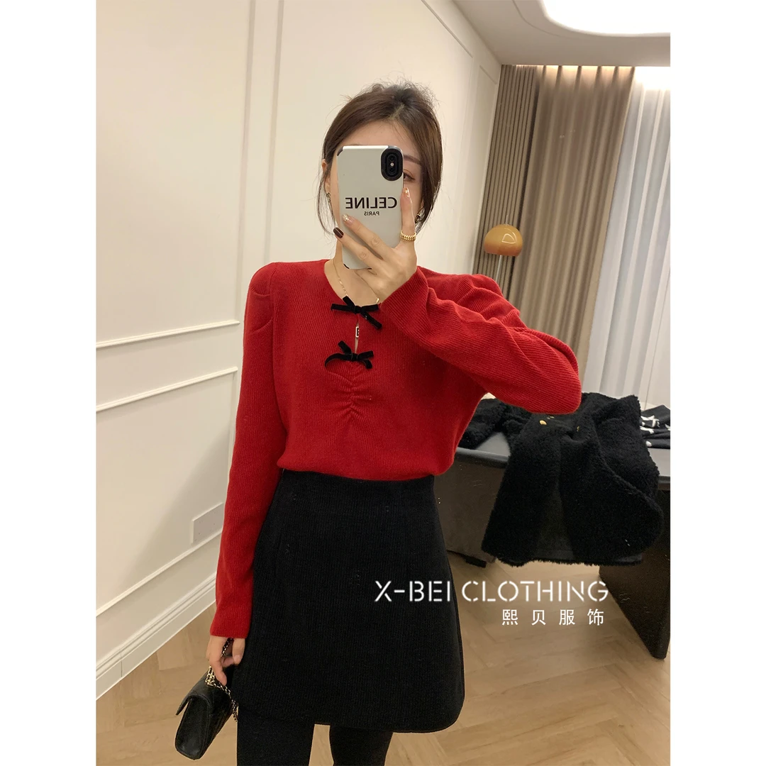 熙贝服饰① 冬季新款100羊毛韩系蝴蝶结显瘦减龄针织衫上衣 S6502