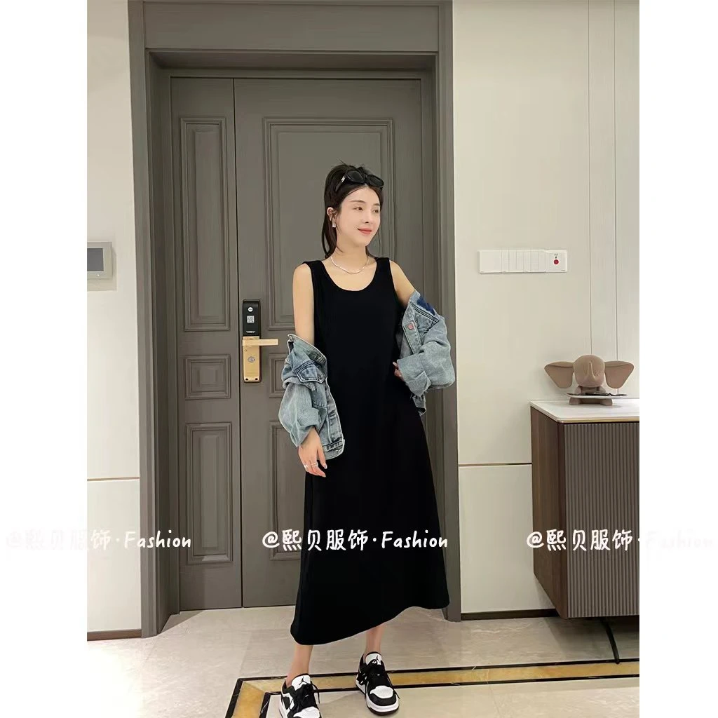 熙贝黑色吊带连衣裙~春夏季穿搭裙子黑色气质显瘦高级感长裙X0371