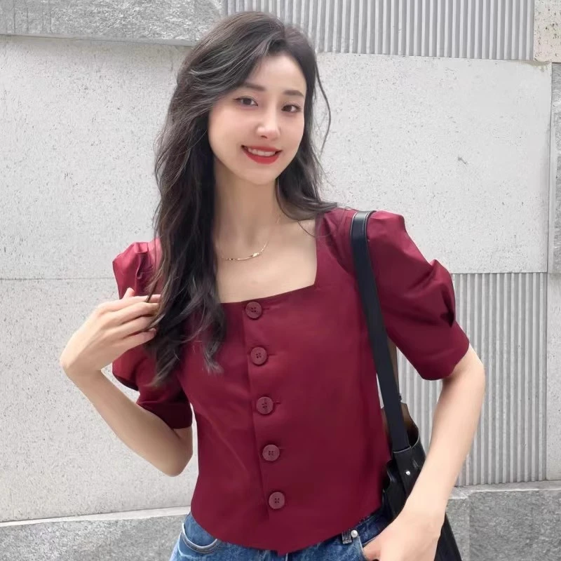 【商场同款】泡泡袖短款衬衫时尚百搭波点法式方领衬衣上衣1300683