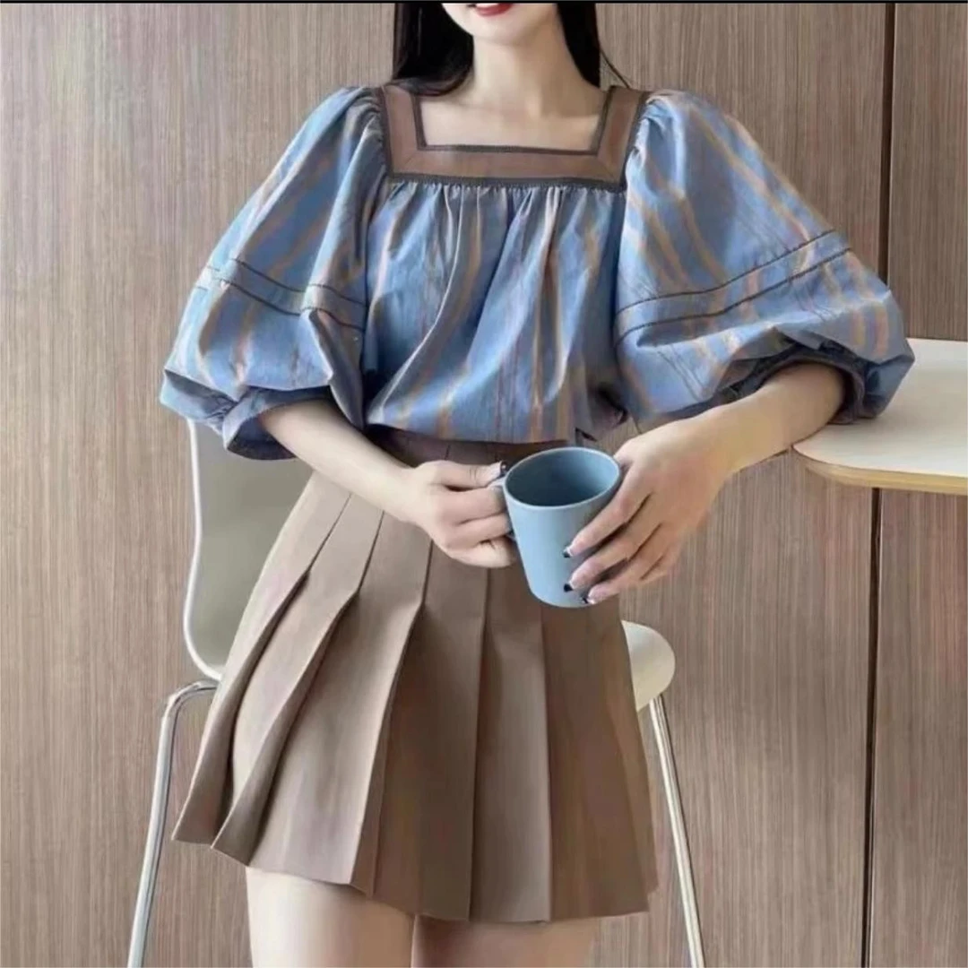 【商场同款】灯笼袖衬衫时尚法式设计感洋气减龄方领衬衣T恤5300627