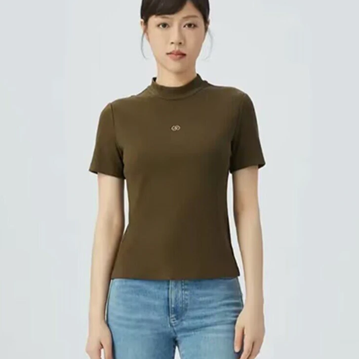 【商场同款】烟管领T恤新款弹力短款薄款修身百搭上衣短袖女1300606