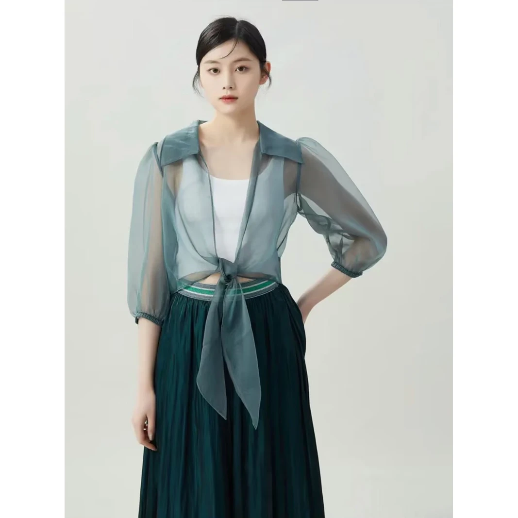 【商场同款】透视网纱衣时尚百搭气质蕾丝边防晒长袖衬衣女5300952