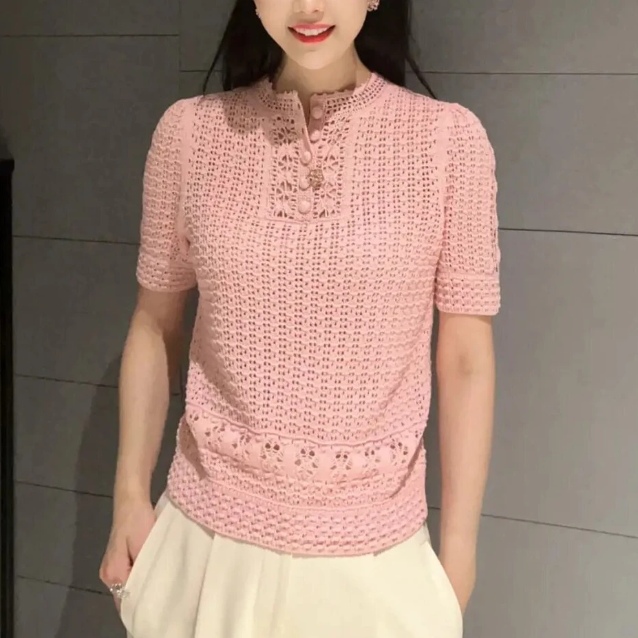 【商场同款】新中式纽扣针织衫春夏时尚百搭宽松镂空T恤上衣1399482