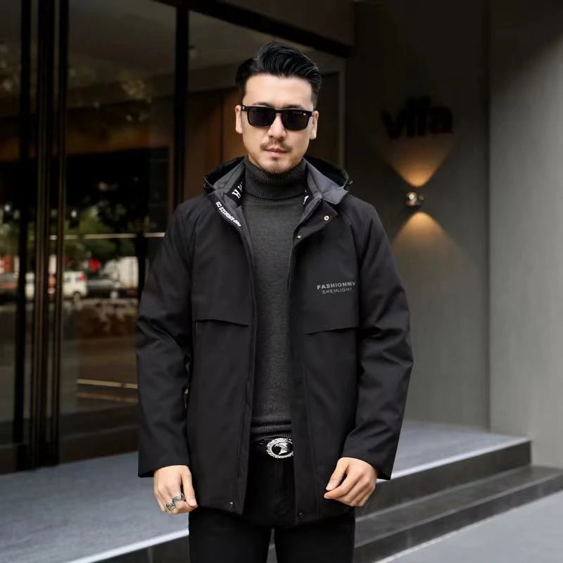 单拍外衣毛领真皮真毛大码男款短款黑色连帽中长款保暖冬季可脱卸