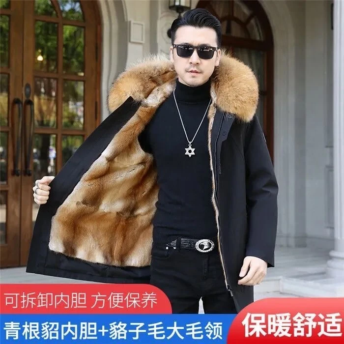 【YH-QGD】男士中长款大毛领休闲冬季保暖派克外衣男款加厚秋冬时尚