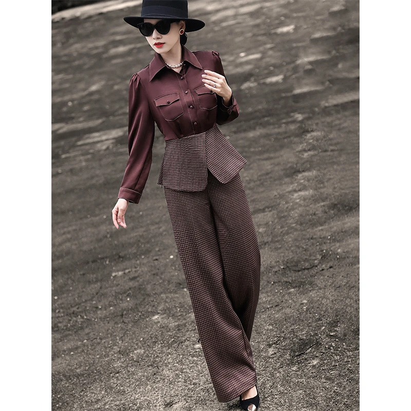 MEXCOCO/兰瑟儿秋季新款气质时尚通勤长袖显瘦拼接套装M4WO0569