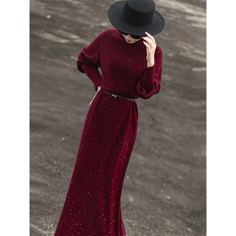 兰瑟儿秋冬新款气质半高领亮片内搭打底裙羊毛针织连衣裙M4WL2188