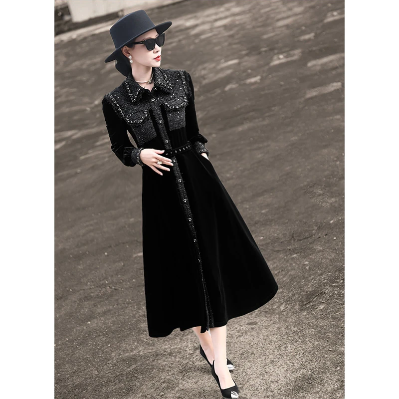 MEXCOCO/兰瑟儿秋冬季新款气质拼接系带显瘦丝绒连衣裙女M4WL2166