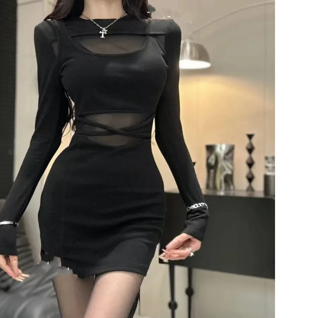 新修身显瘦高级黑色时尚辣妹性感包臀裙网纱拼接镂空纯欲风连衣裙