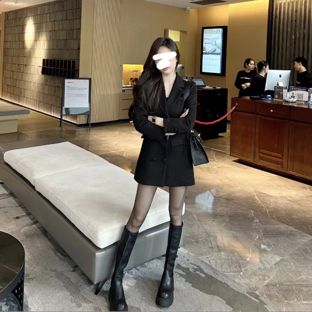 新款时尚韩版复古双排扣小蛮腰洋气修身显瘦高级御姐中长款西装裙