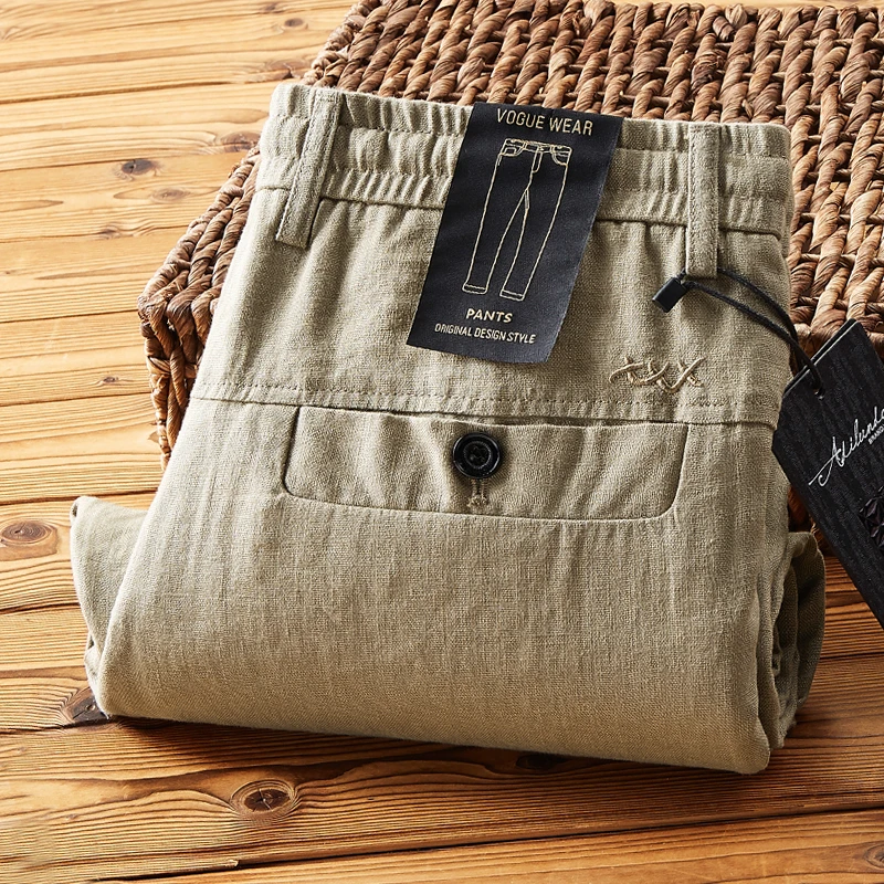 一级工艺纯亚麻男裤春夏舒适透气直筒宽松抽绳松紧腰休闲裤薄男士