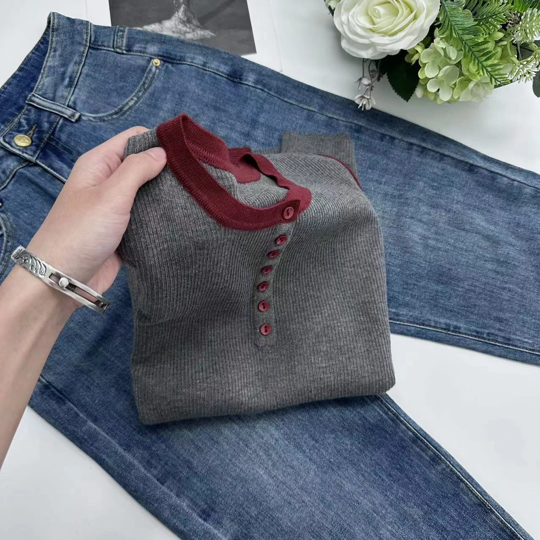 【红豆】秋季新款复古纽扣拼色针织衫Y5023灰