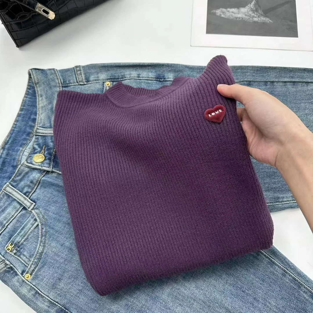 飞飞家 冬款韩系小爱心刺绣纯色坑条针织衫Y5752