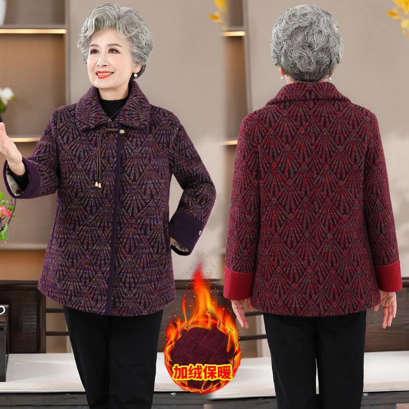 冬季中老年加绒加厚保暖女士妈妈外套翻领时尚新中式毛呢上衣百搭