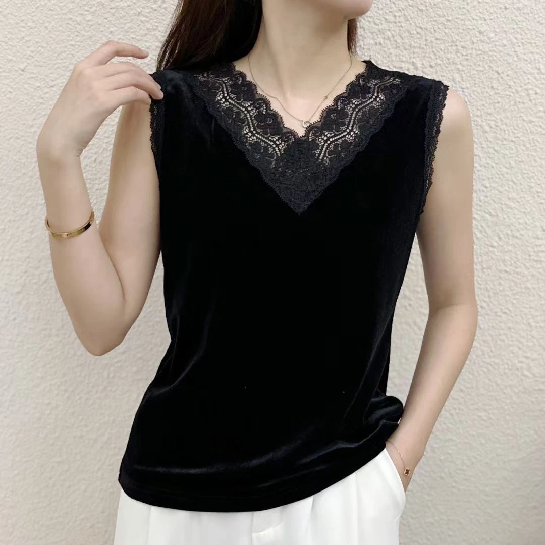时尚妈妈装蕾丝拼接V领无袖打底背心女士金丝绒秋季新款洋气百搭