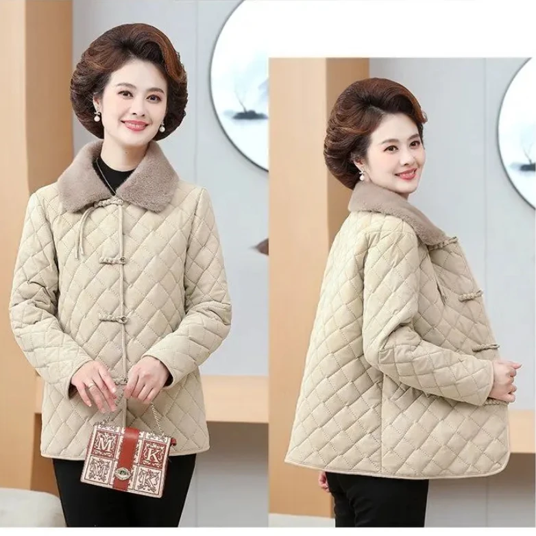 妈妈装秋冬加绒加厚棉衣中老年外套保暖冬装新中式盘扣气质毛领