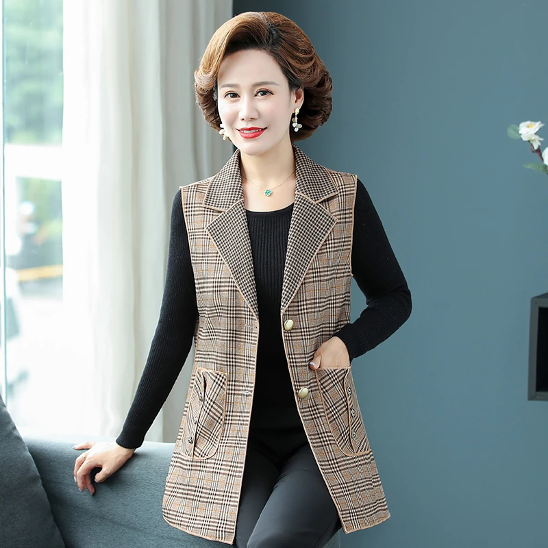 秋季新款经典英伦风格子翻领马甲背心气质宽松女士百搭时尚妈妈装