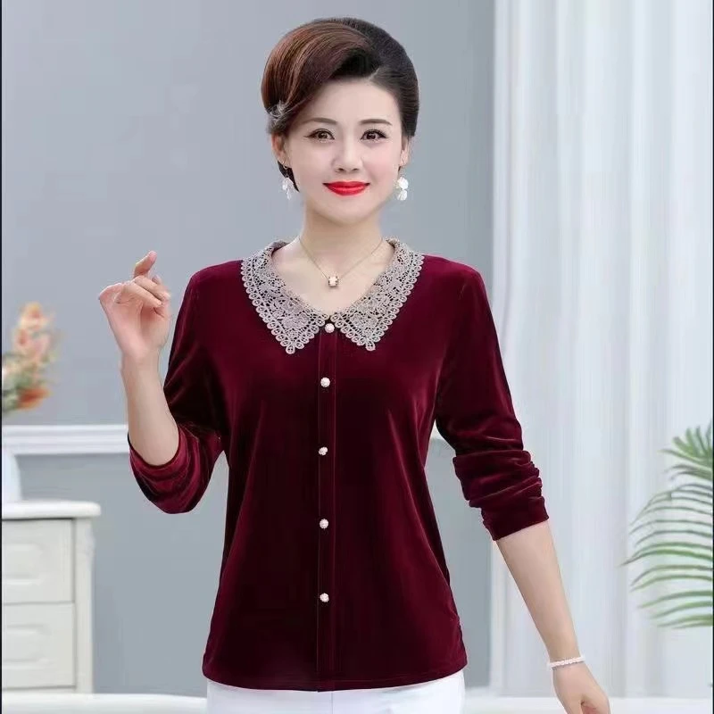 2024秋季新款针织蕾丝花边领套头小衫妈妈装丝绒长袖上衣气质百搭