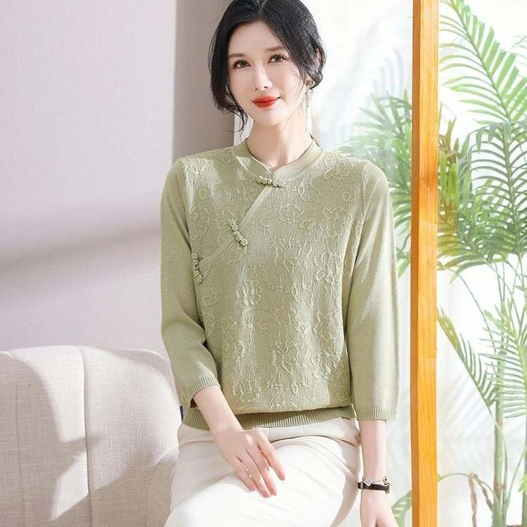 春夏新款国风中式提花盘扣九分袖冰丝上衣女装复古气质时尚复古风