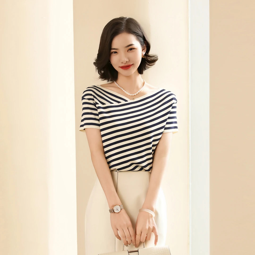 夏季条纹V领显瘦针织短袖T恤套头上衣女031-012