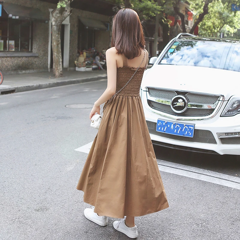 吊带连衣裙女2025新款夏季法式一字肩吊带裙气质高腰背带裙长裙子